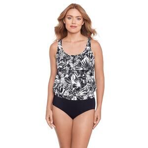 Swim Solutions Floral Neck Blouson Swim Top Size 14 NWT